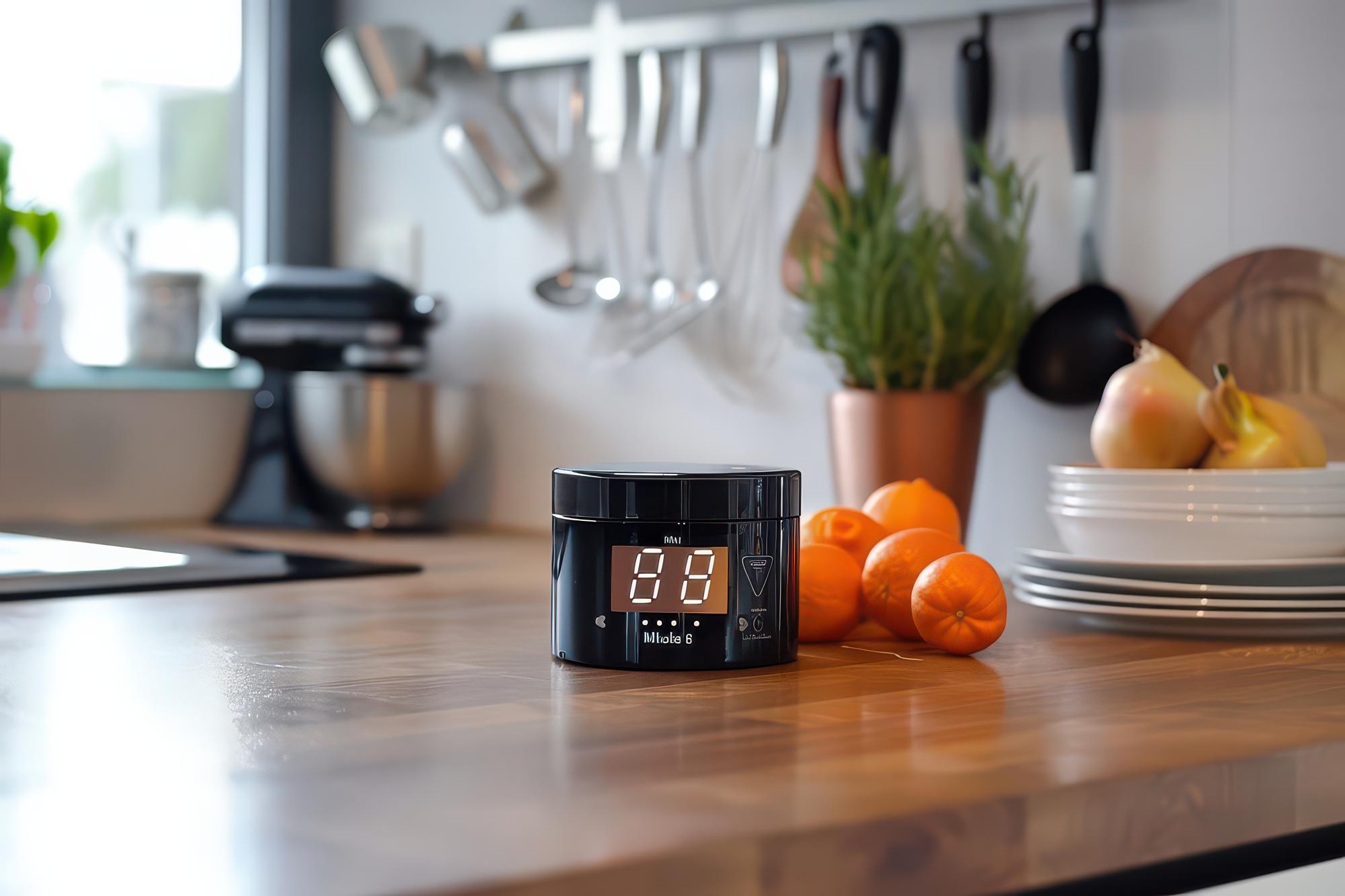 Modern kitchen workspace with tools and digital timer