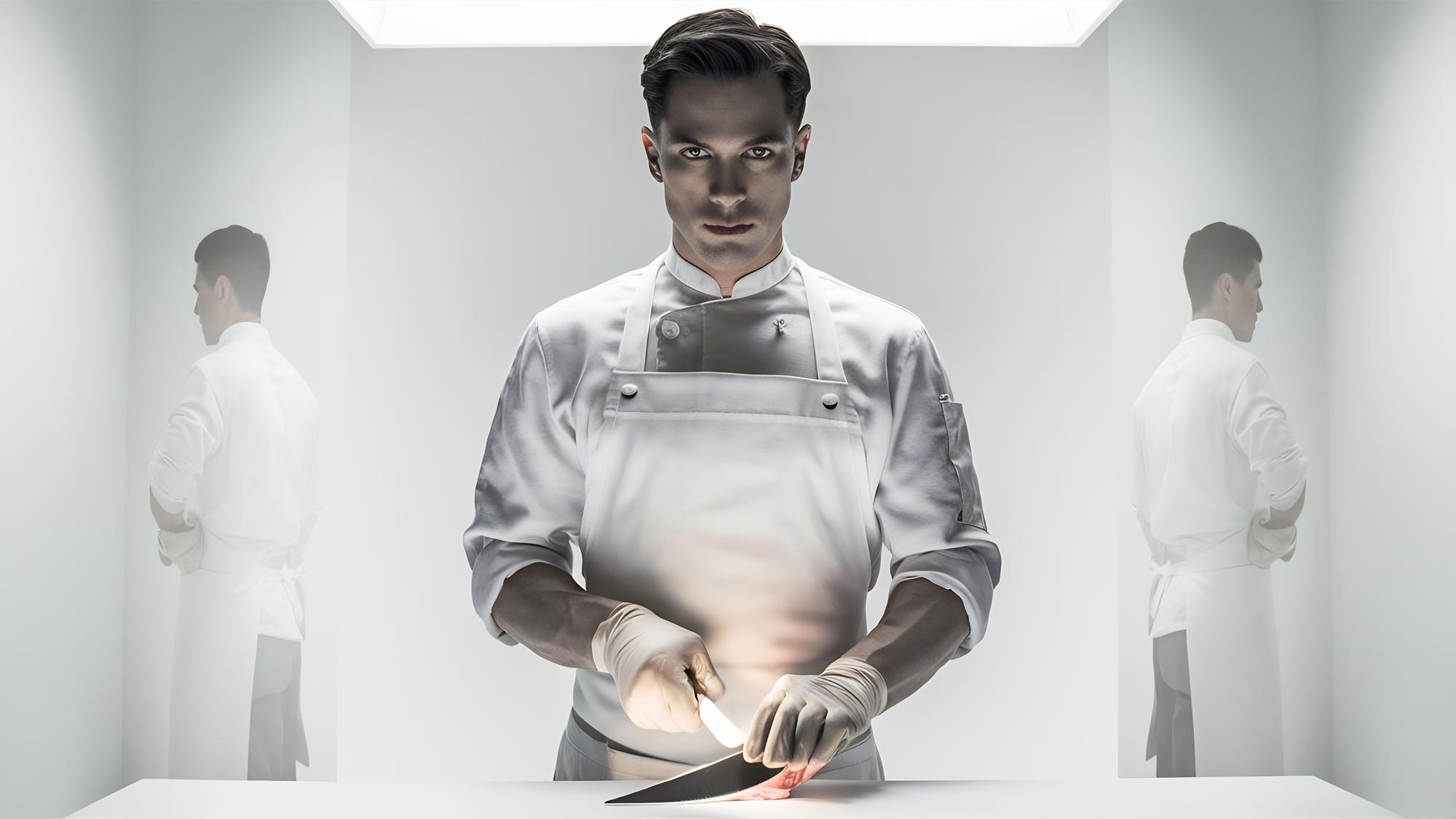 Studio chef demonstrating precise knife skills